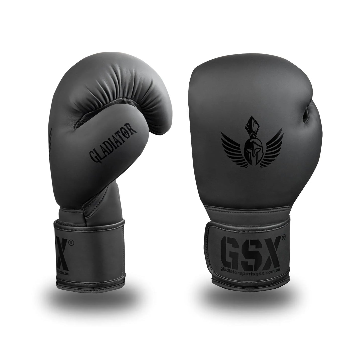 Front and side view of GSX black-on-black boxing gloves with matte finish and tonal Spartan logo detailing.