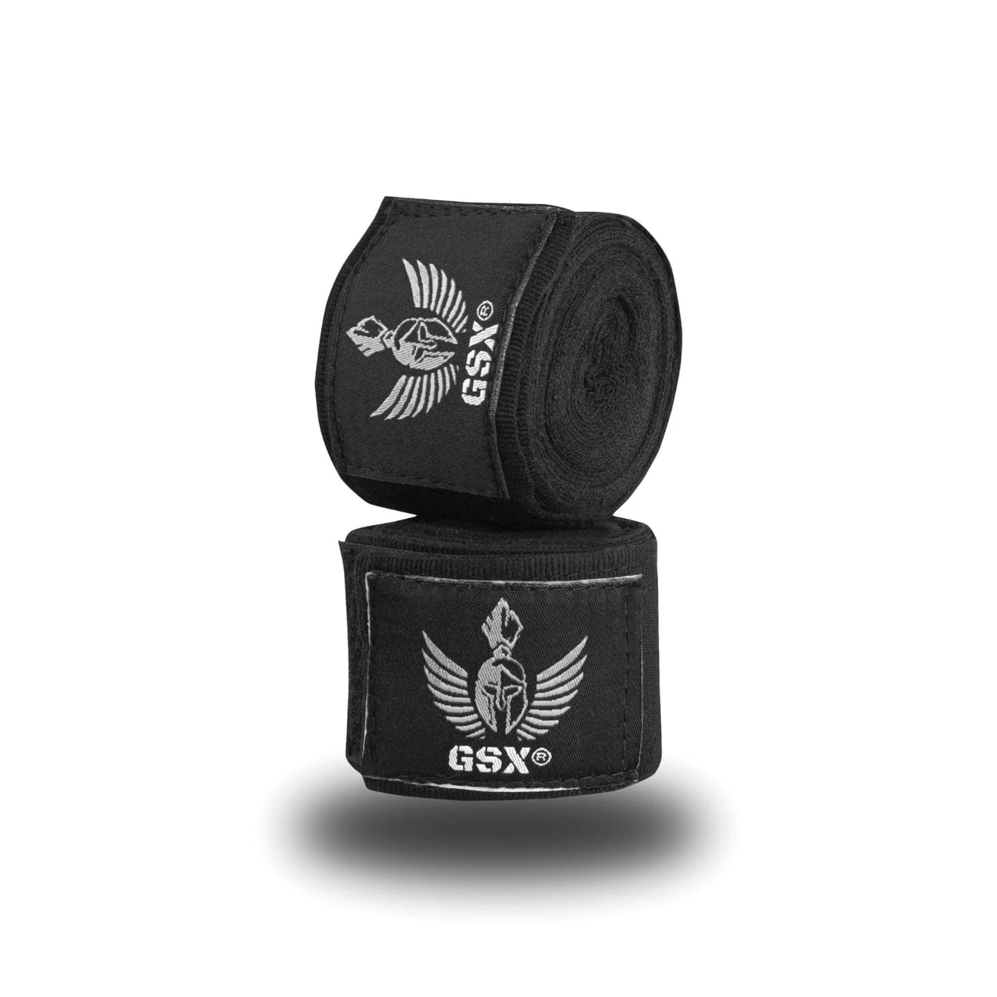 Black GSX boxing hand wraps stacked on a white background, featuring the white winged Spartan helmet logo