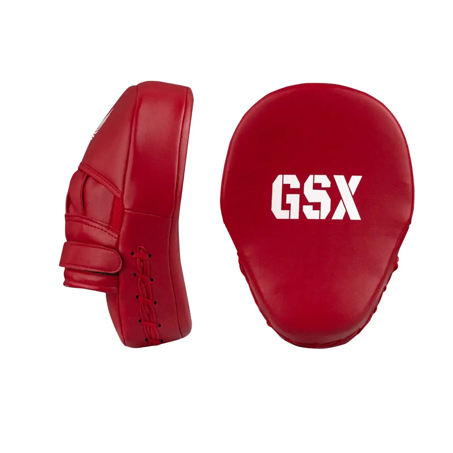 GSX white on red boxing focus mitts with durable padding and secure wrist support, front and side view