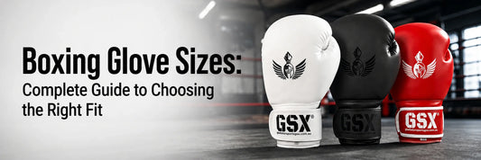Boxing glove sizes guide featuring white, black and red boxing gloves in a boxing gym setting.
