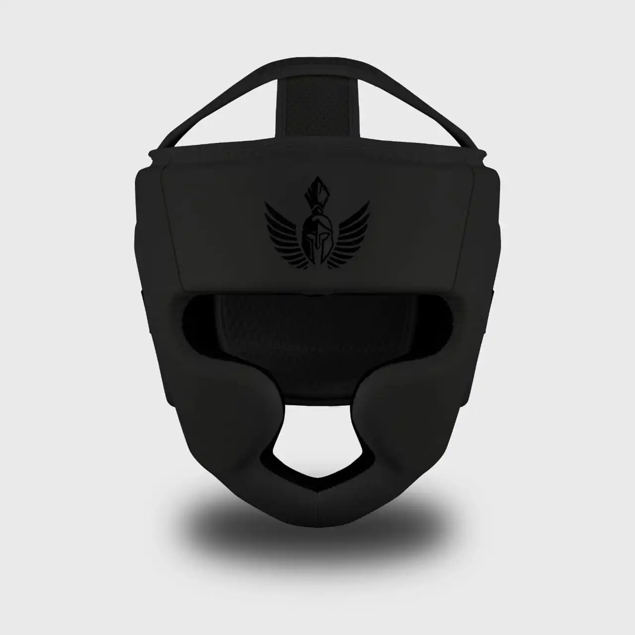 Front view of the GSX Black on Black head guard showing its protective padding and open-face design.
