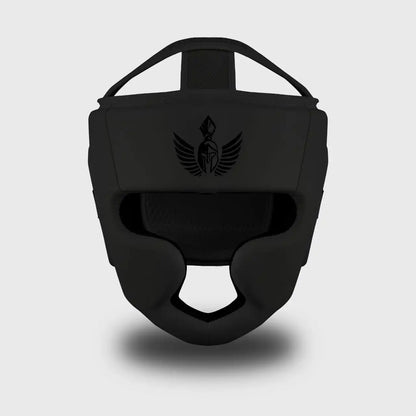 Front view of the GSX Black on Black head guard showing its protective padding and open-face design.
