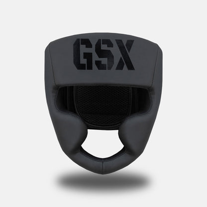 Front view of the GSX Black on Black head guard showing its protective padding and open-face design.
