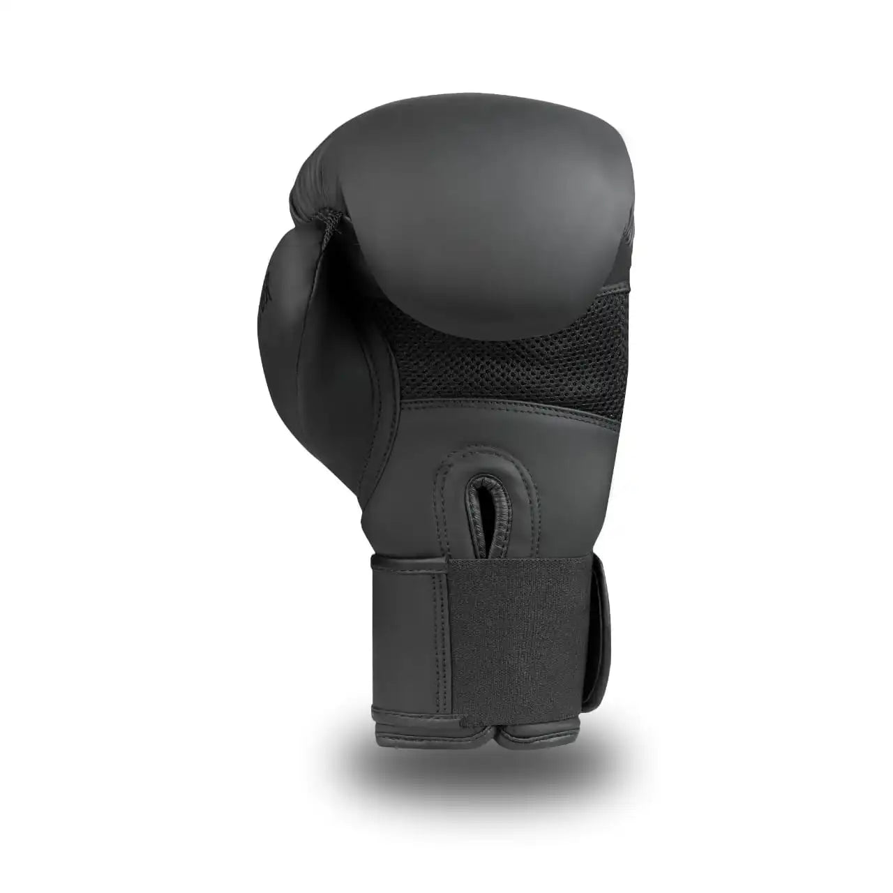 Back-side view of GSX Black on black boxing glove with padded wrist strap and breathable mesh panel
