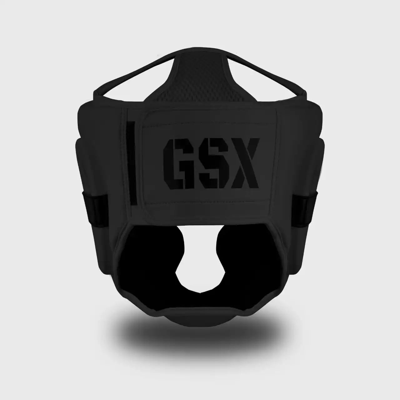 Black on Black GSX head guard shown from the back with detailed padding and logo.
