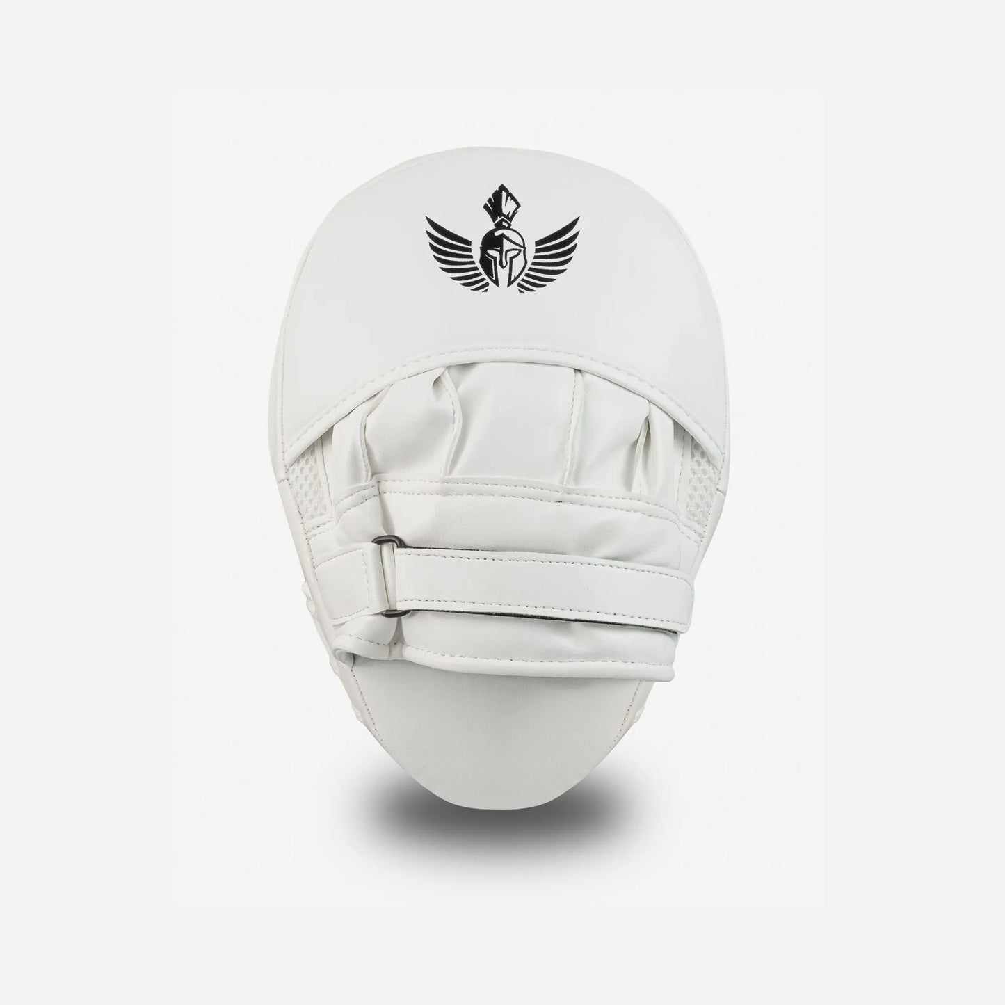 GSX Black on white boxing focus mitt pad showing back side with adjustable wrist strap and padded hand support