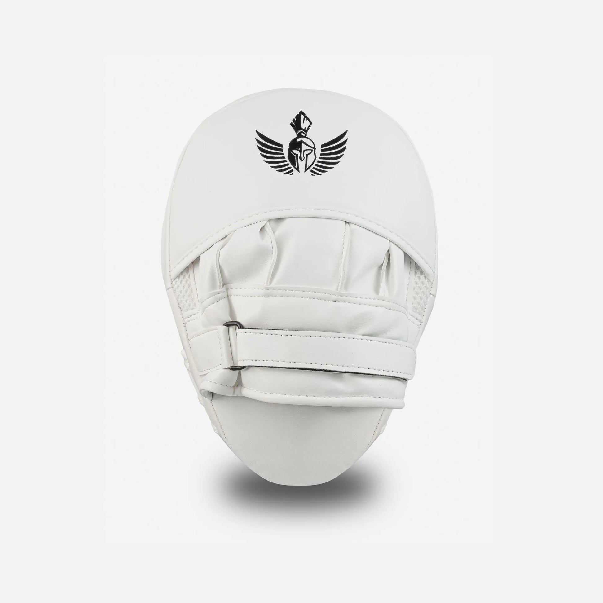 GSX Black on white boxing focus mitt pad showing back side with adjustable wrist strap and padded hand support