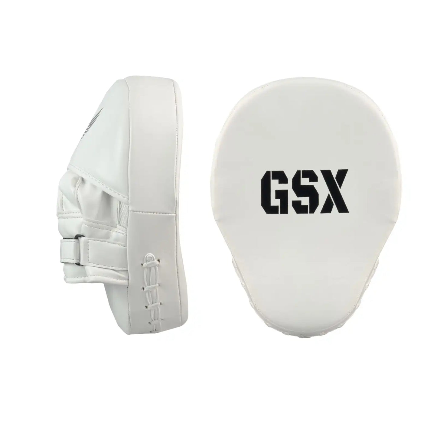 Black on White GSX boxing focus mitt pad with durable padding and wrist strap, front and side view