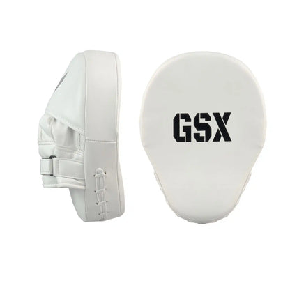 Black on White GSX boxing focus mitt pad with durable padding and wrist strap, front and side view