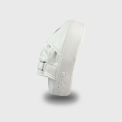 Black on White GSX boxing focus mitt pad with thick padding and wrist support, side view
