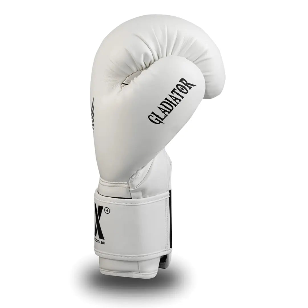 Black on White GSX boxing glove with secure wrist strap for professional boxing and training from the side view
