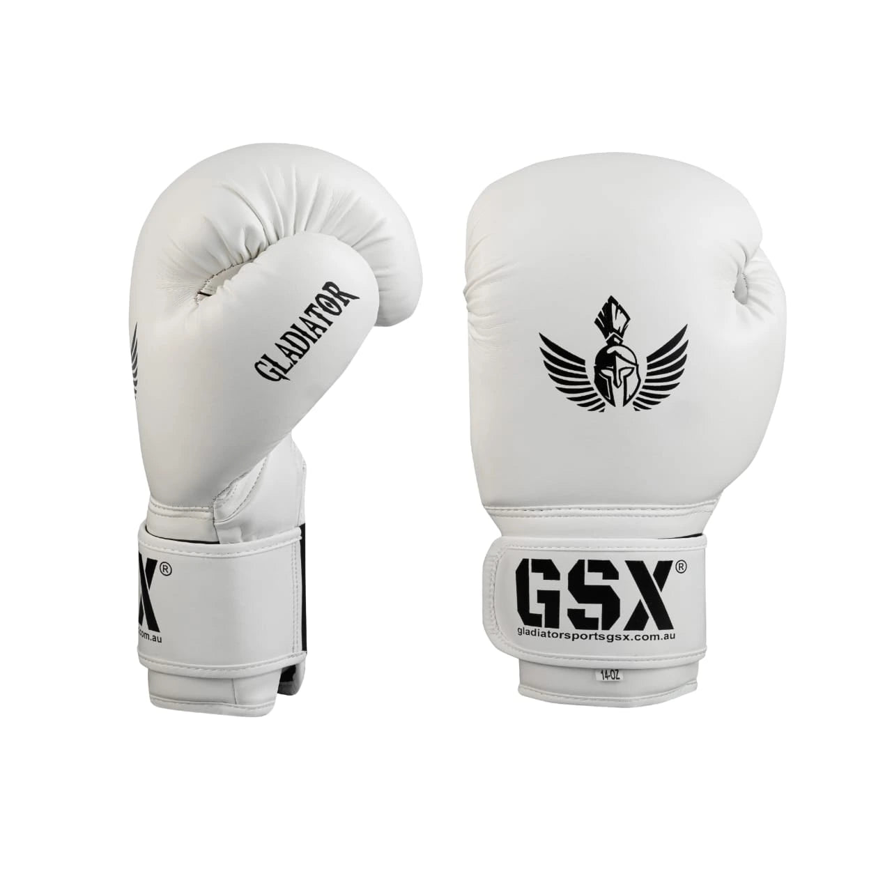 Pair of black on white GSX boxing gloves with logo on the wrist straps, shown from the front and side views.
