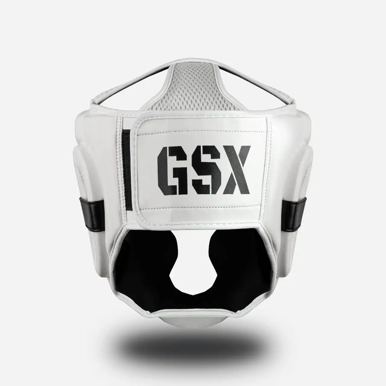 Back view of Black on white GSX boxing head guard with secure padding and adjustable straps
