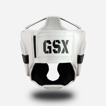Back view of Black on white GSX boxing head guard with secure padding and adjustable straps
