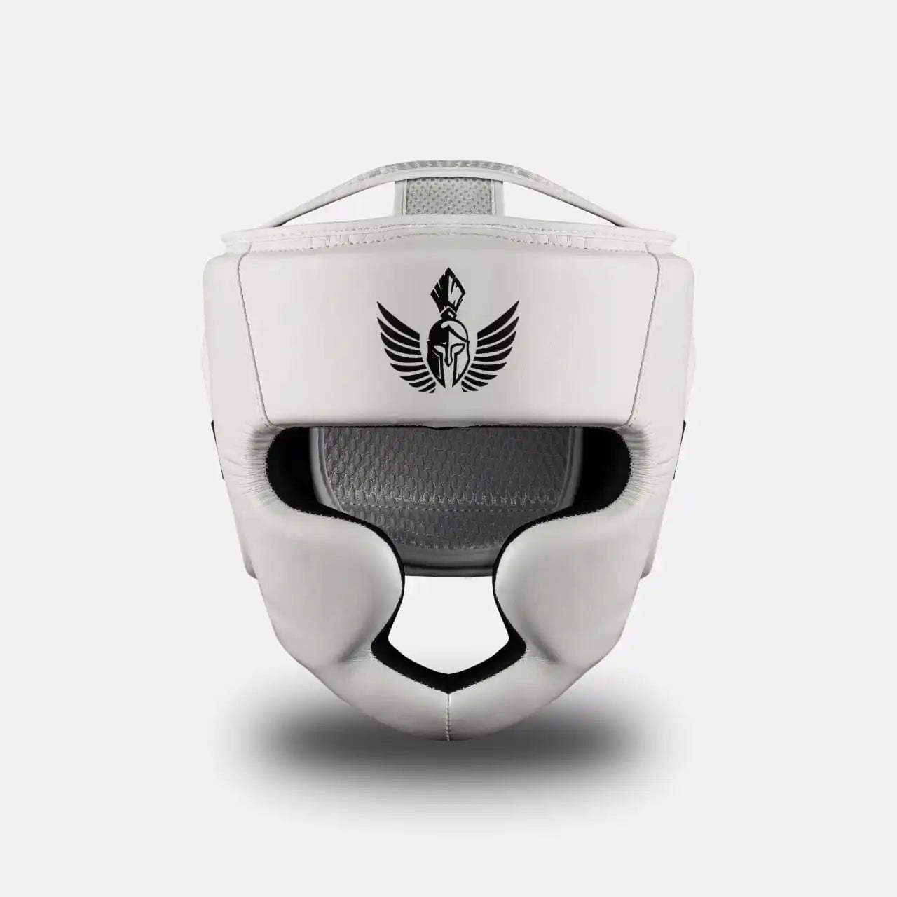 Black on White GSX boxing head guard with full face protection for sparring and training, from the front view
