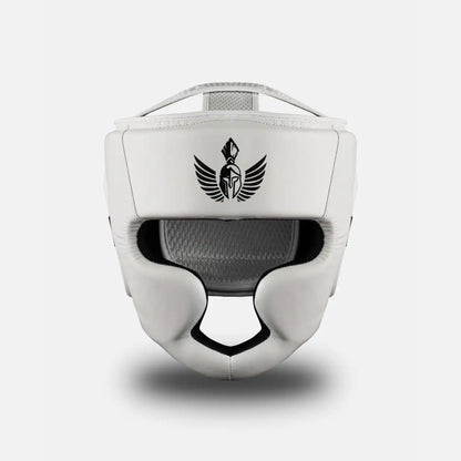 Black on White GSX boxing head guard with full face protection for sparring and training, from the front view
