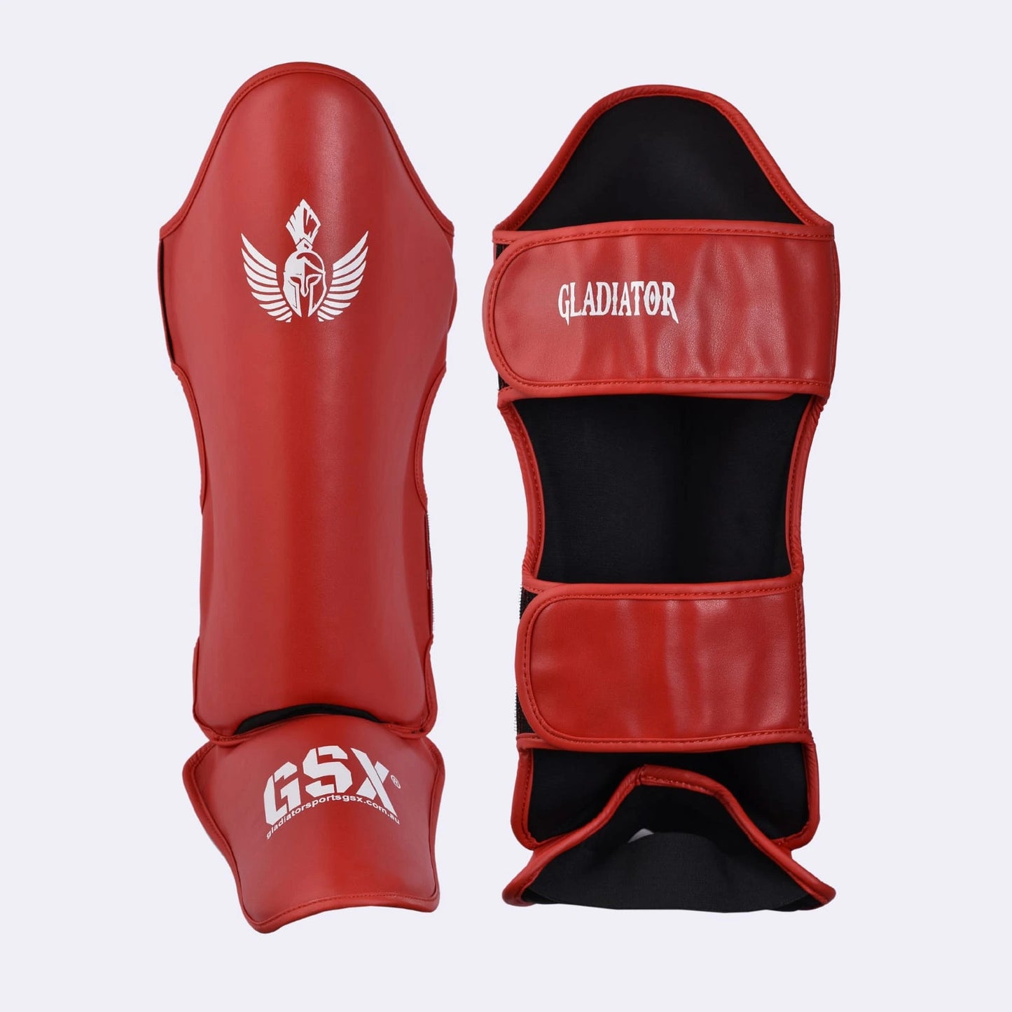 Front and back view of red GSX Gladiator kickboxing shin guards with padded instep.