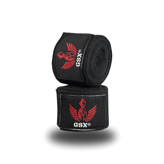 Two rolled red on black GSX boxing hand wraps featuring a red winged Spartan helmet logo stacked on a white background.