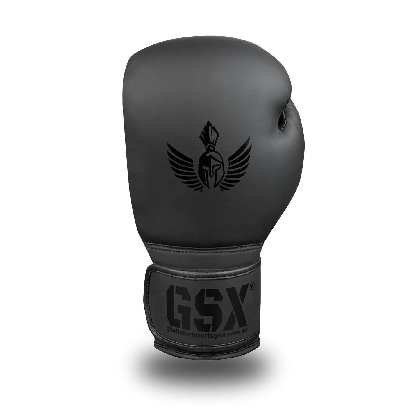 Front view of a GSX black-on-black boxing glove with matte finish and dark logo detailing.
