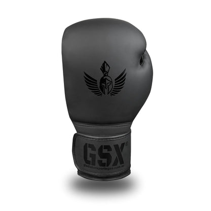 Front view of a GSX black-on-black boxing glove with matte finish and dark logo detailing.
