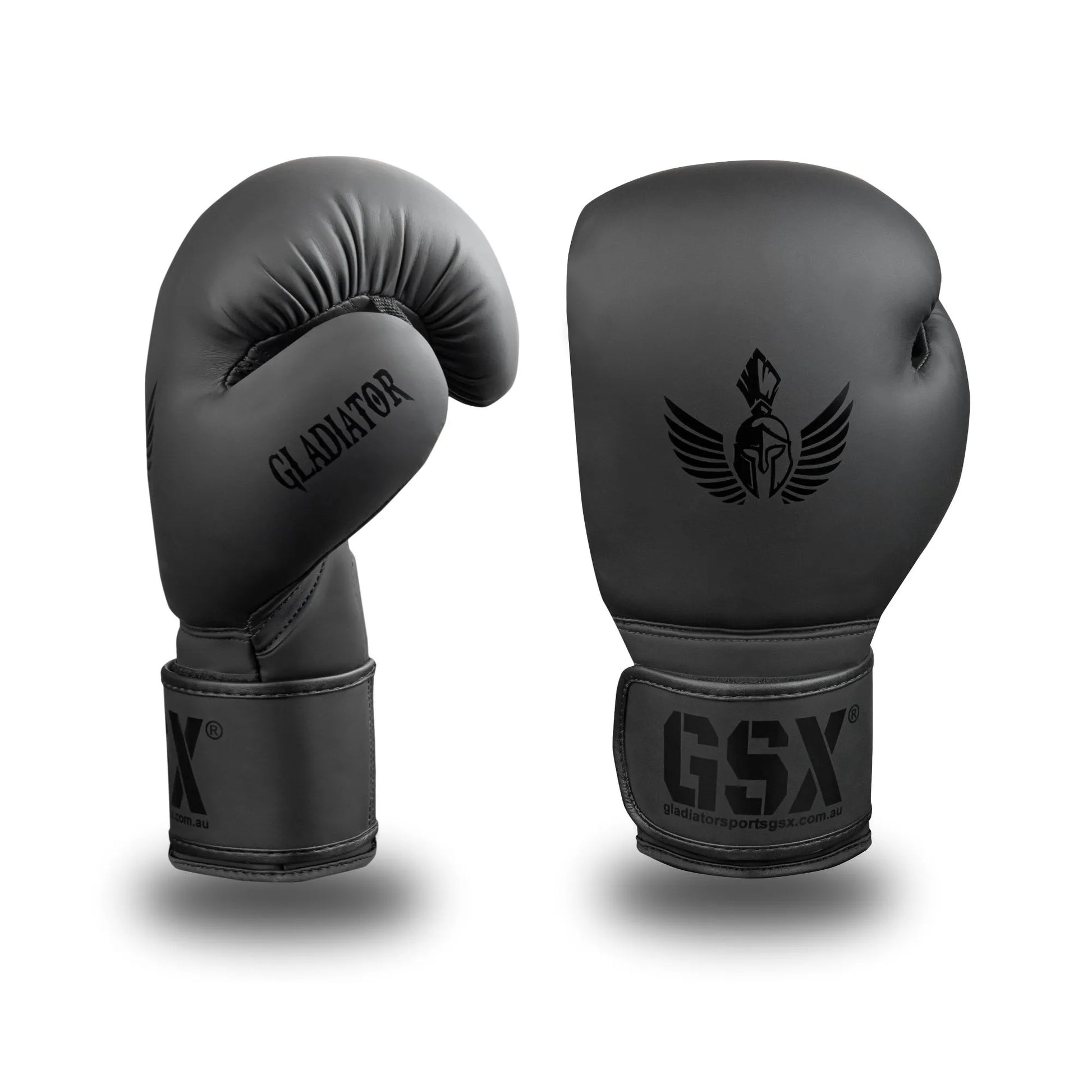 Front and side view of GSX black-on-black boxing gloves with matte finish and tonal Spartan logo detailing.
