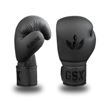 Front and side view of GSX black-on-black boxing gloves with matte finish and tonal Spartan logo detailing.
