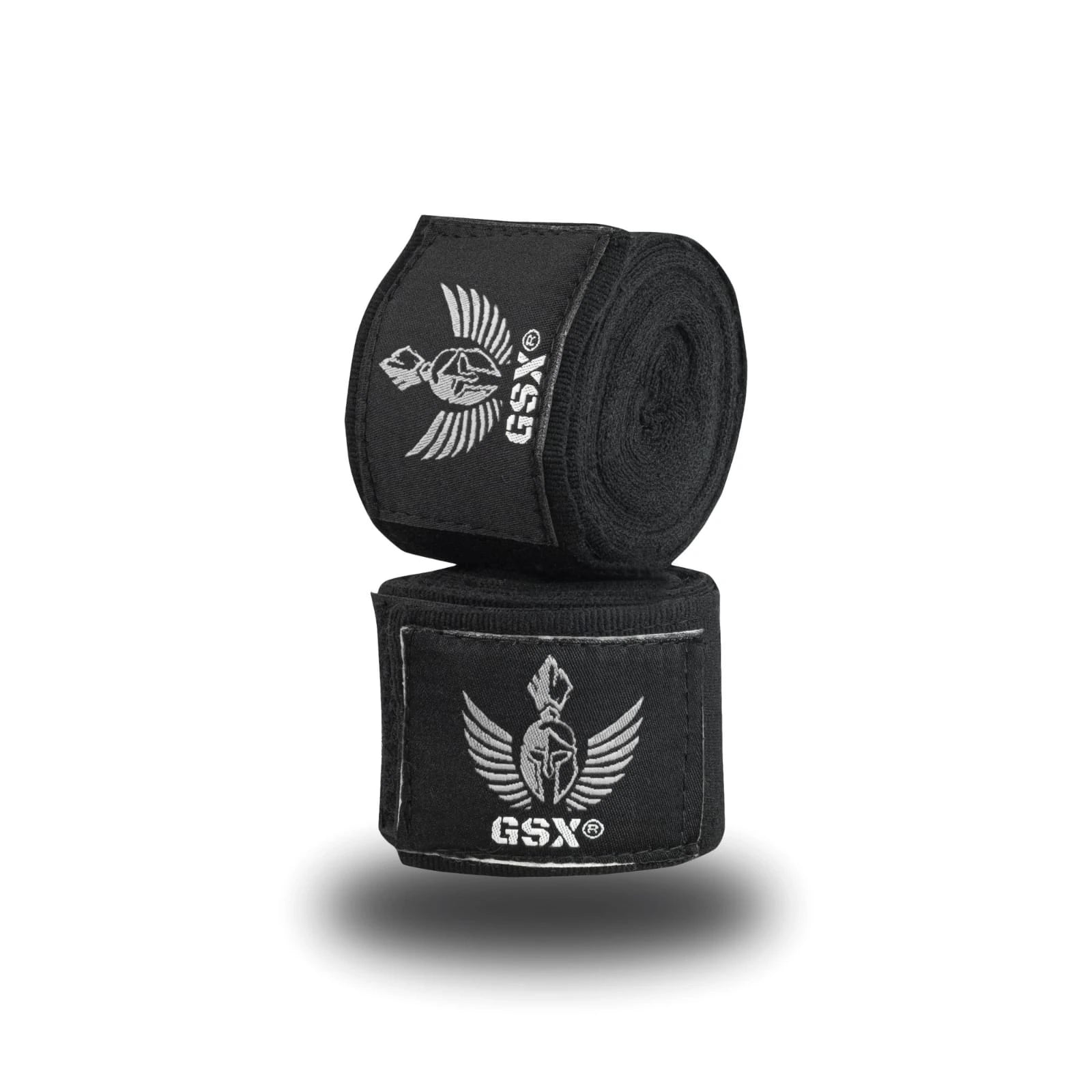 Black GSX boxing hand wraps stacked on a white background, featuring the white winged Spartan helmet logo