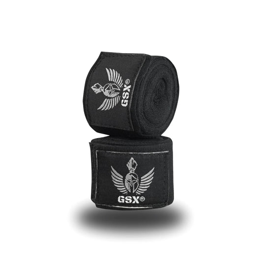 Black GSX boxing hand wraps stacked on a white background, featuring the white winged Spartan helmet logo