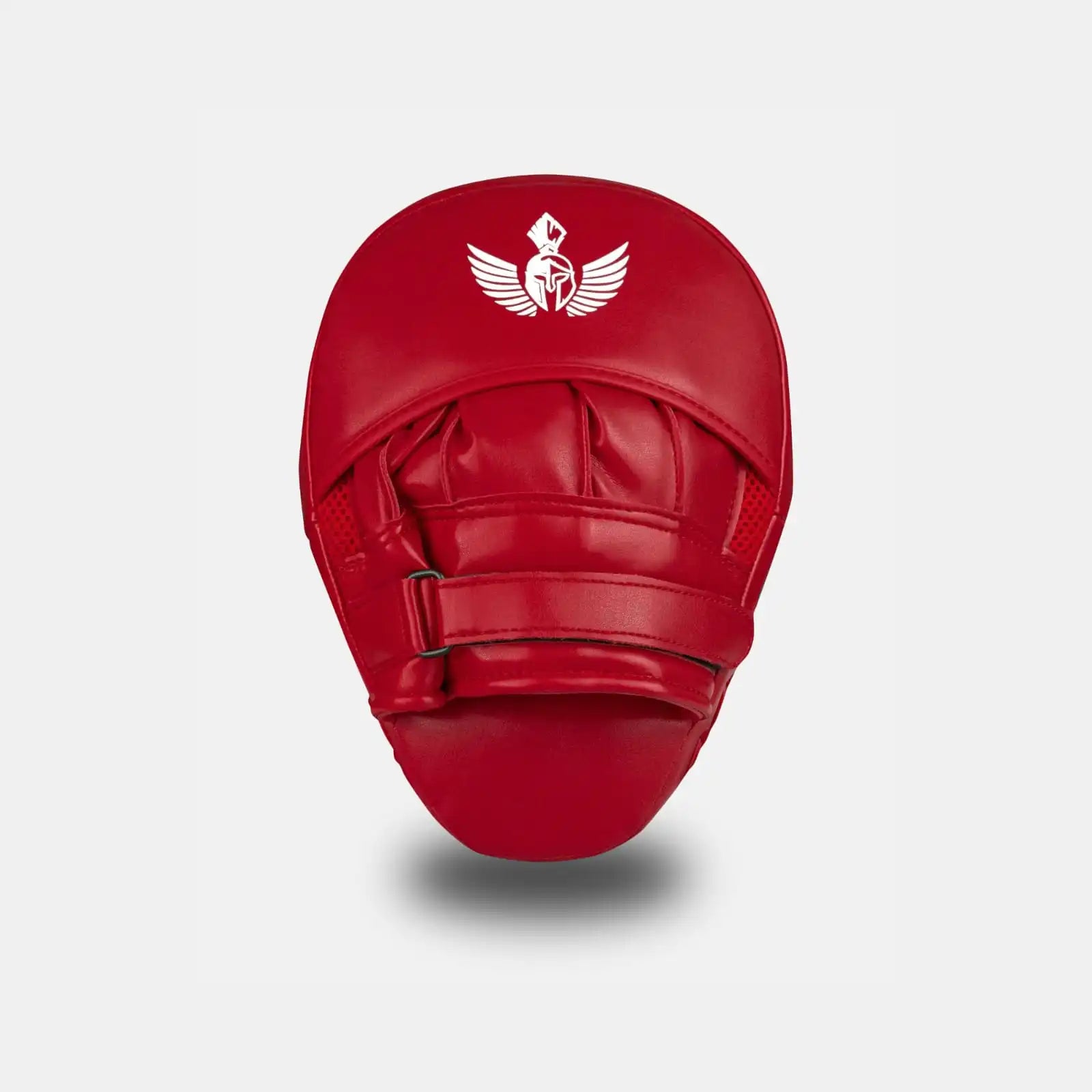 GSX white on red boxing focus mitts showing back side with adjustable wrist strap and padded hand support