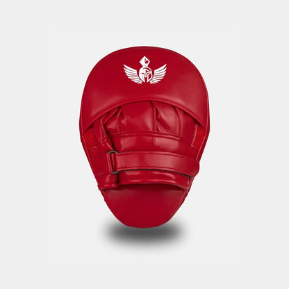 GSX white on red boxing focus mitts showing back side with adjustable wrist strap and padded hand support