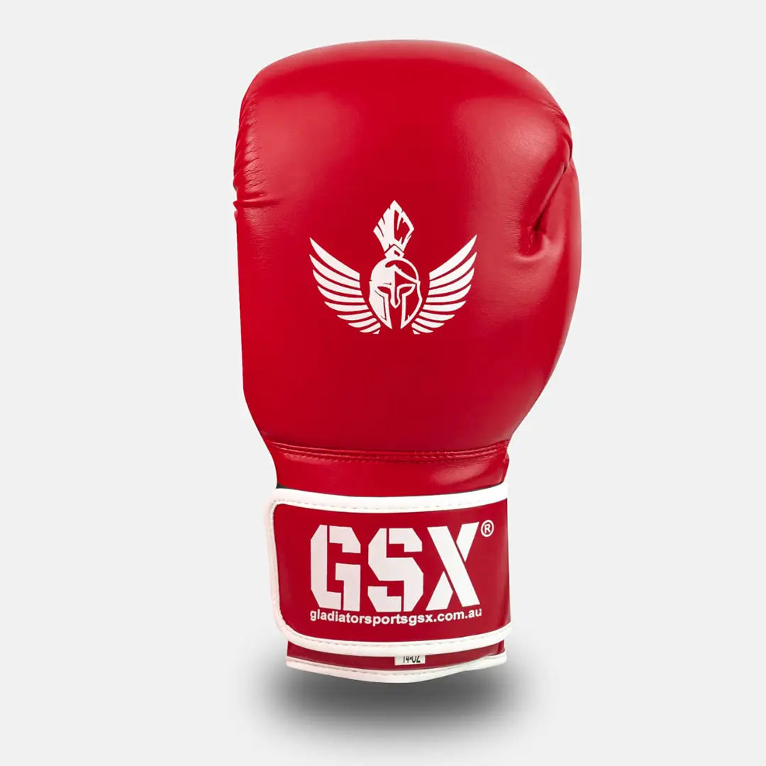 Front view of white on red GSX boxing glove with logo and wrist strap.
