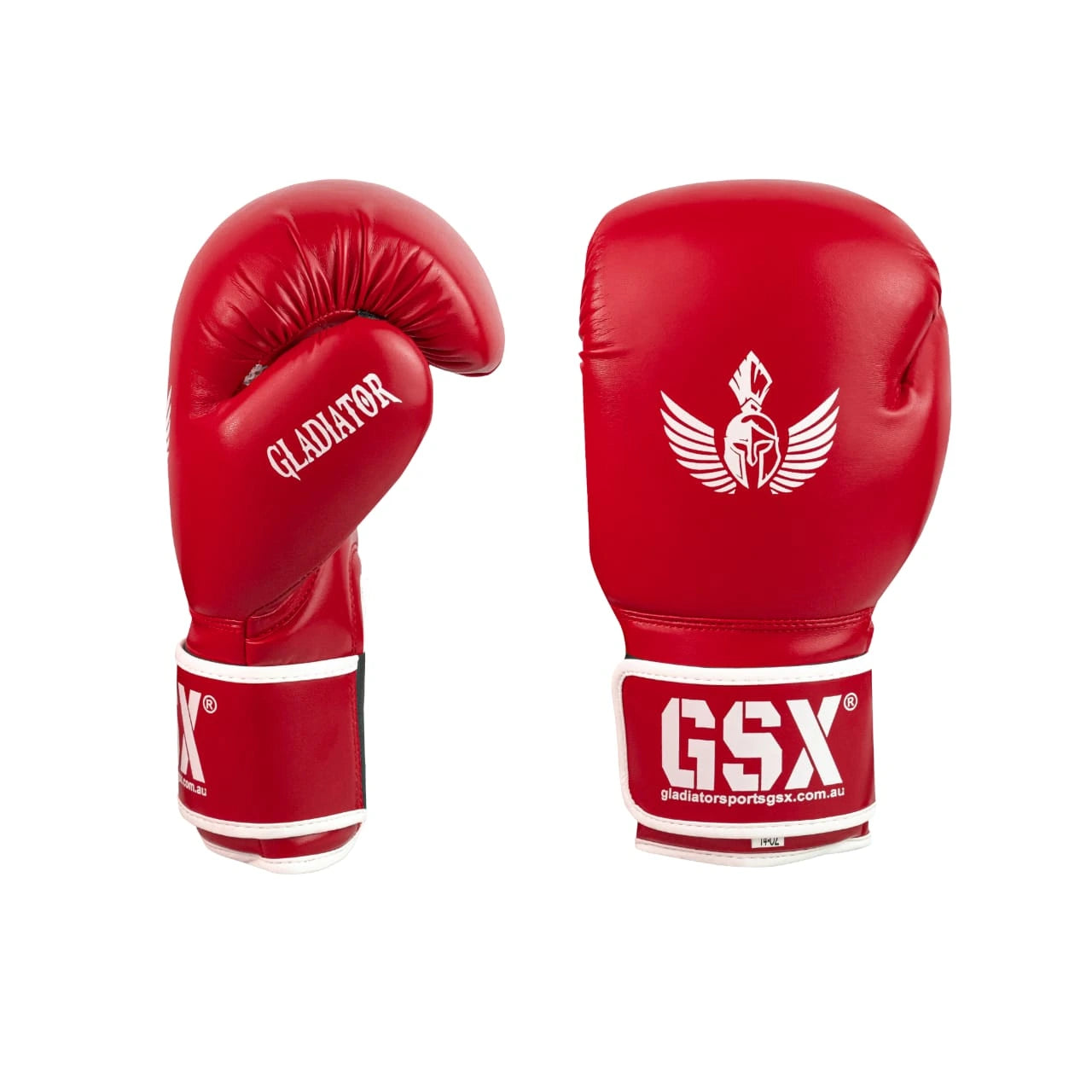 White on Red GSX boxing gloves showing front and back view with secure wrist support.
