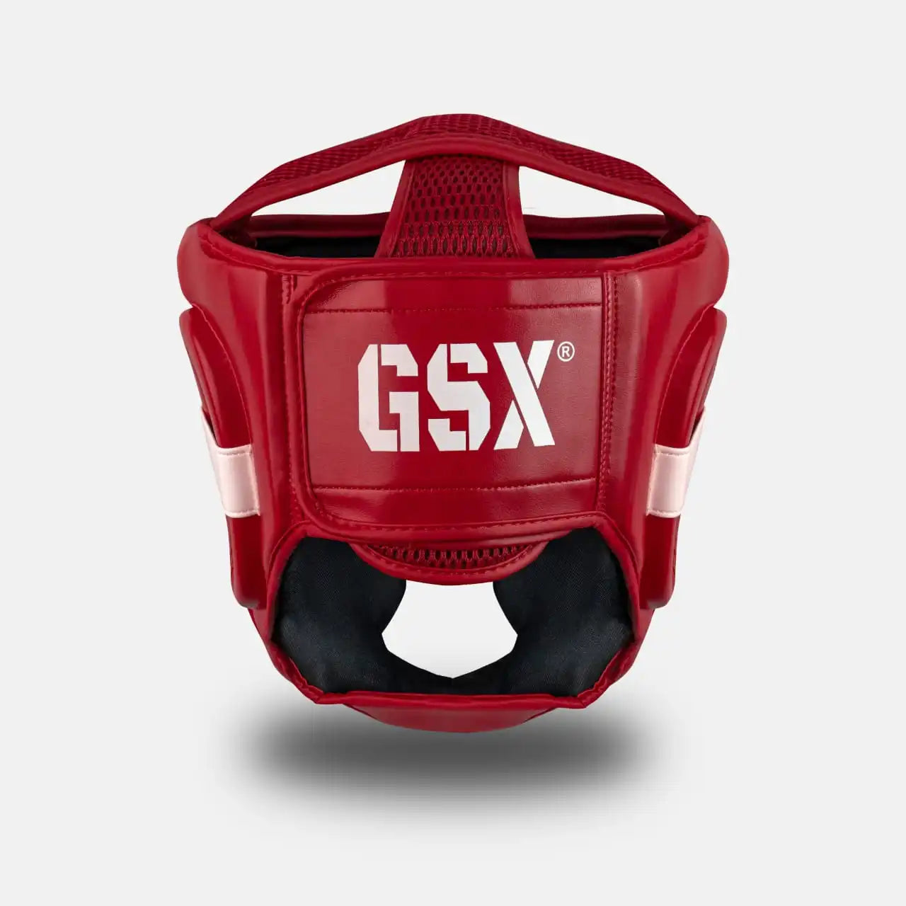 Back view of a White on red GSX boxing head guard with padded back, ventilation mesh, and adjustable support.

