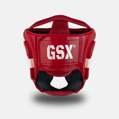 Back view of a White on red GSX boxing head guard with padded back, ventilation mesh, and adjustable support.
