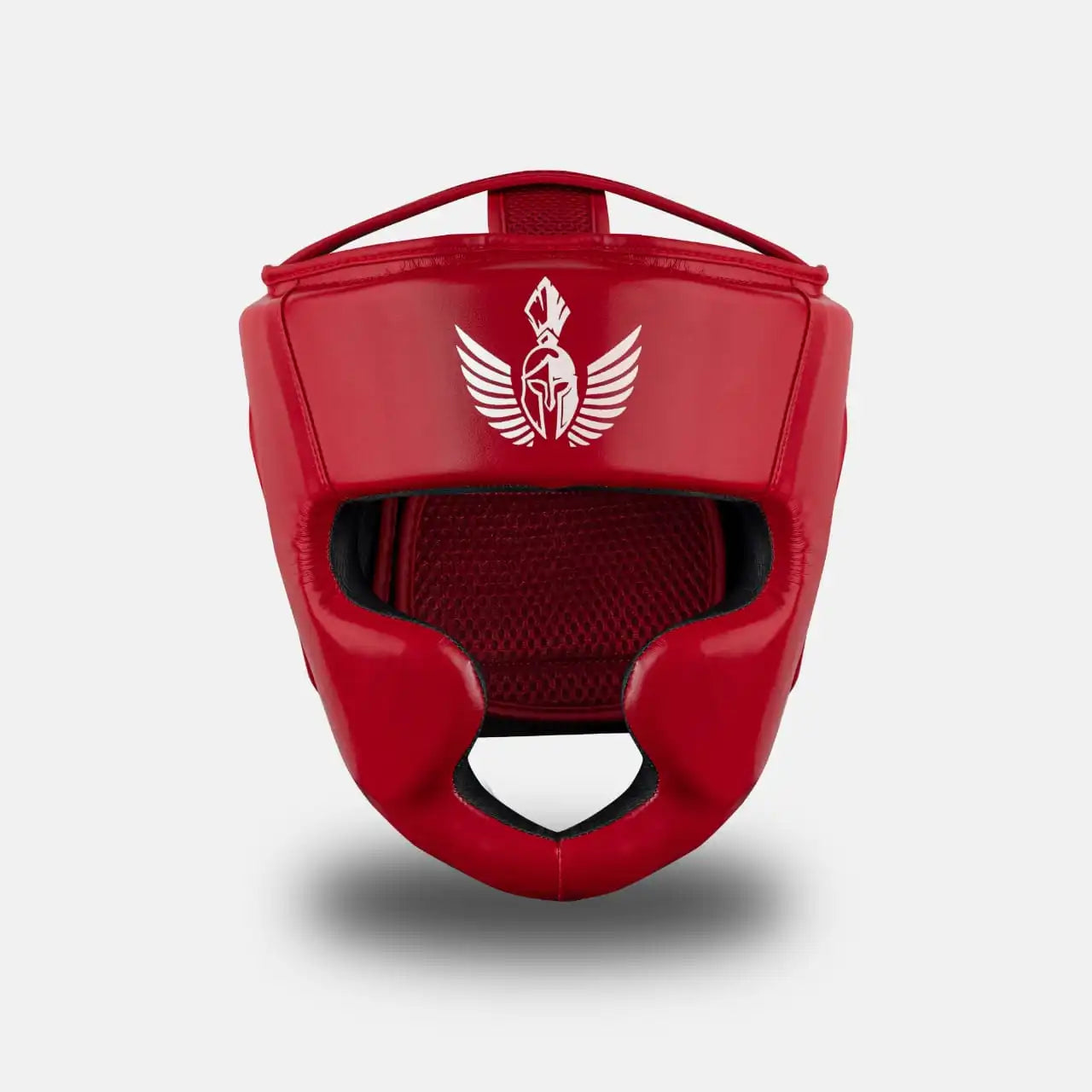 Front view of a White on red GSX boxing head guard with protective padding and logo.

