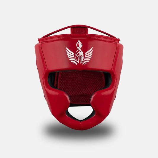 Front view of a White on red GSX boxing head guard with protective padding and logo.
