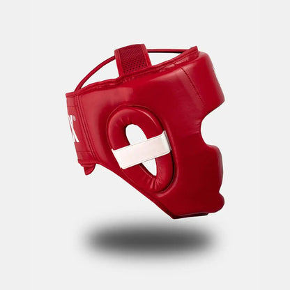 Side view of a White on red GSX boxing head guard showing padded ear protection and secure strap design.
