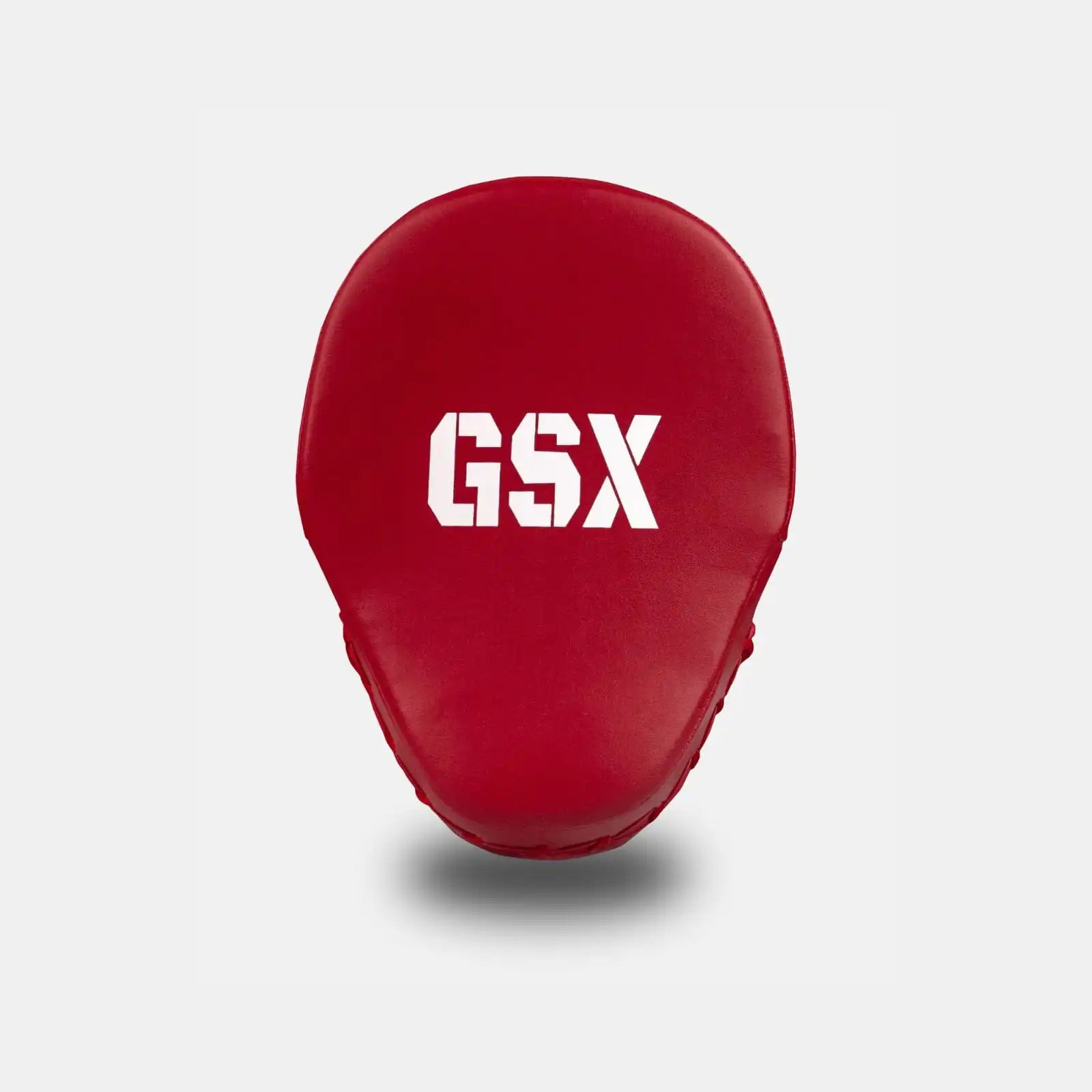 GSX white on red boxing focus mitts with padded striking surface, front view
