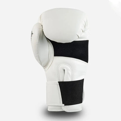 Back view of a Black on white GSX boxing glove with black mesh panel and wrist strap.
