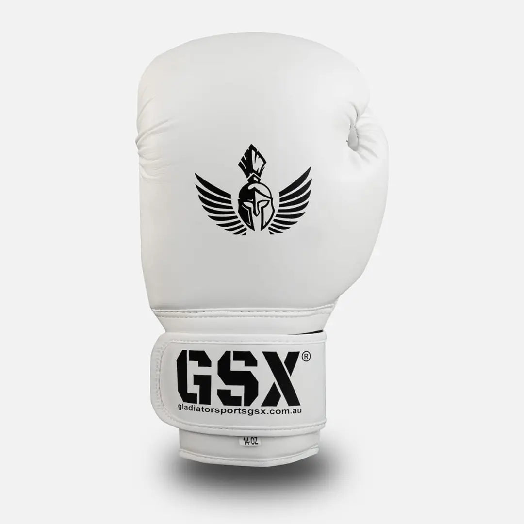 Black on White GSX boxing glove with logo, protecting your hands showing from the front view.
