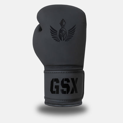 Front view of a GSX black-on-black boxing glove with matte finish and dark logo detailing.
