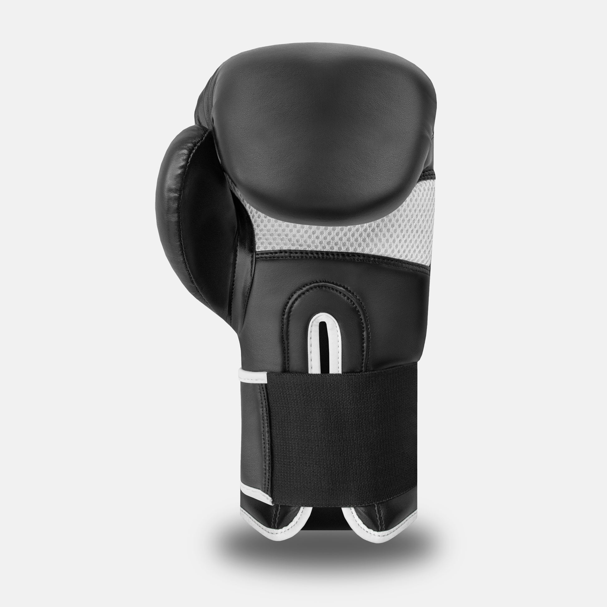 Backside view of a white-on-black GSX boxing glove featuring a mesh ventilation panel and secure wrist strap.