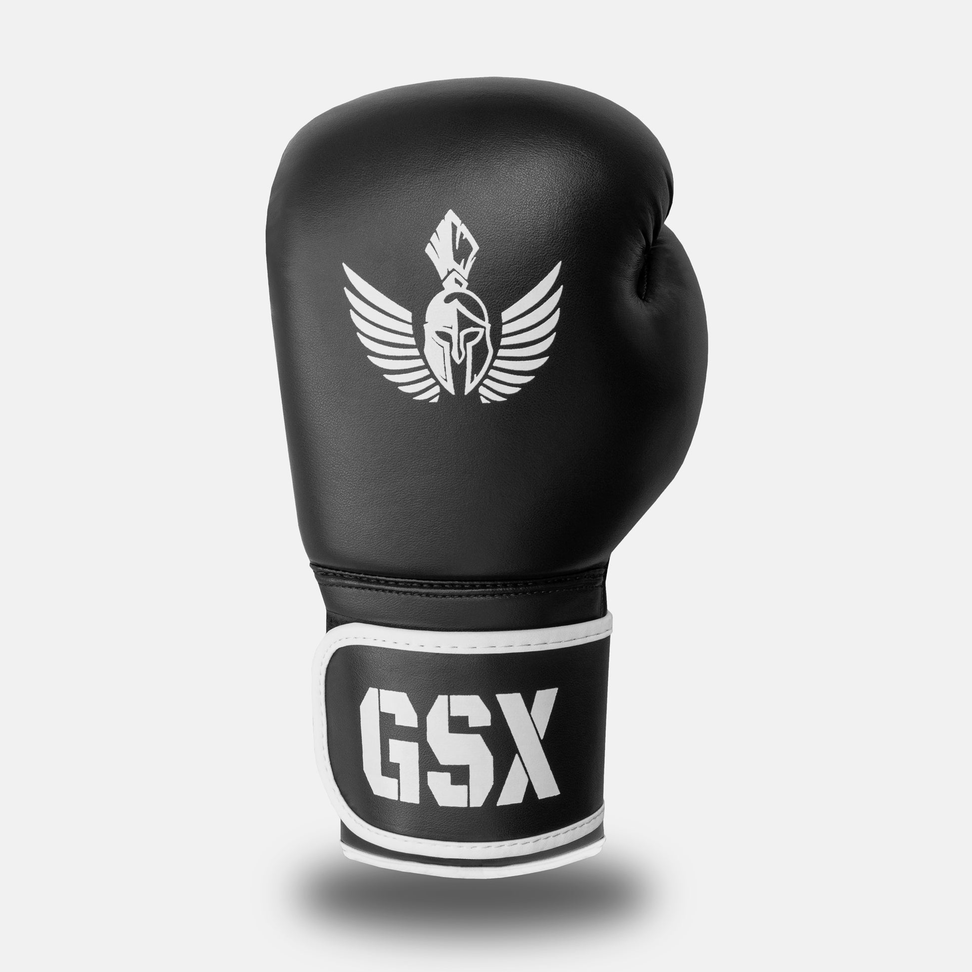 White-on-black GSX boxing glove with white Spartan-wing logo, shown from the front side.
