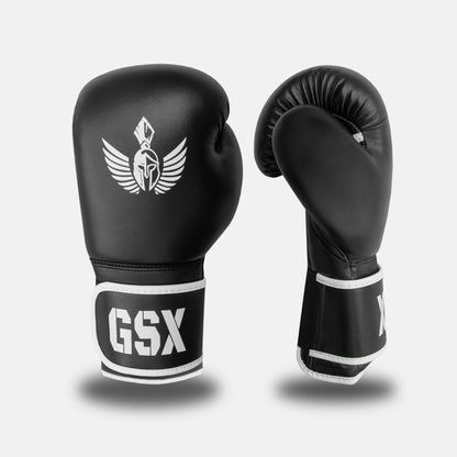 Front and side images of black GSX boxing gloves with white logo
