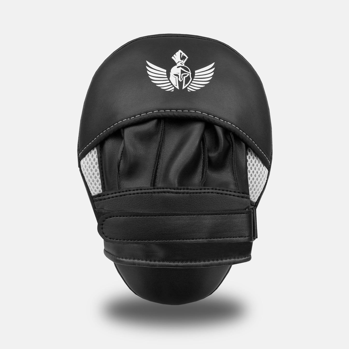 
Front side of GSX White on black focus mitt with breathable mesh panels for boxing training
