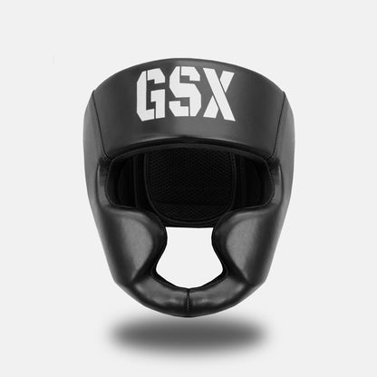 GSX White on Black head guard front view – protective boxing and MMA headgear