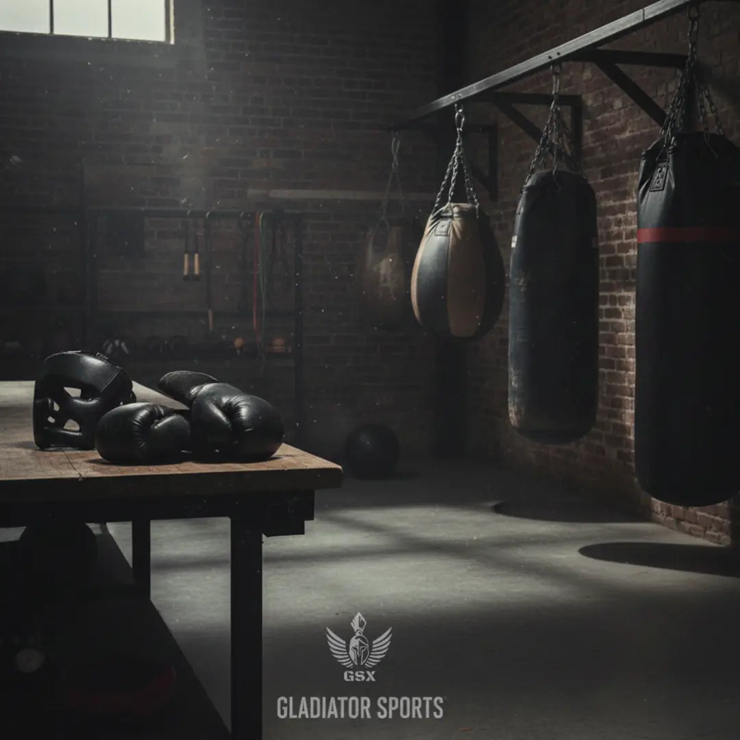 Boxing gloves and training equipment in a professional gym environment.
