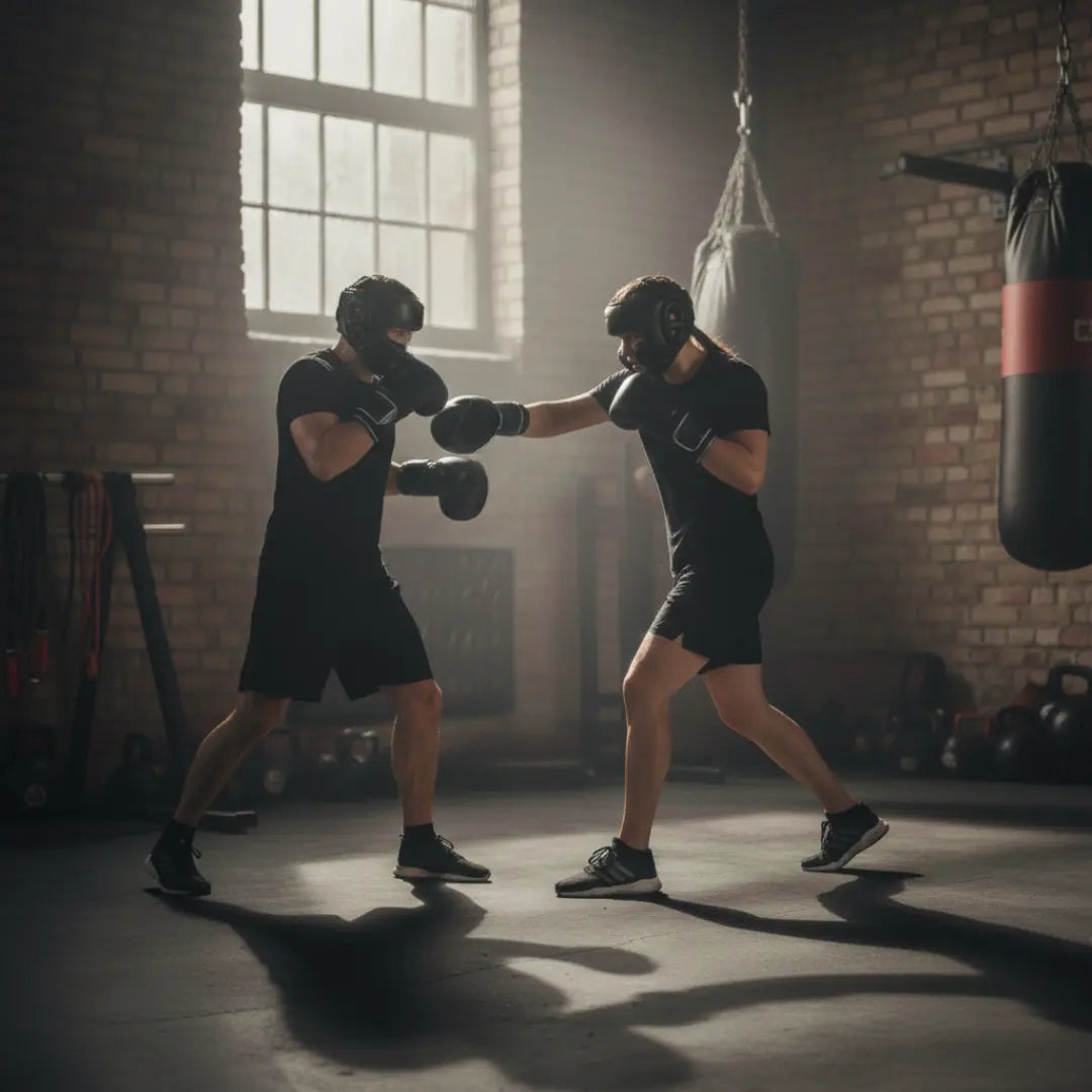 Two athletes sparring in a boxing gym, representing Gladiator Sports GSX’s mission and training focus.

